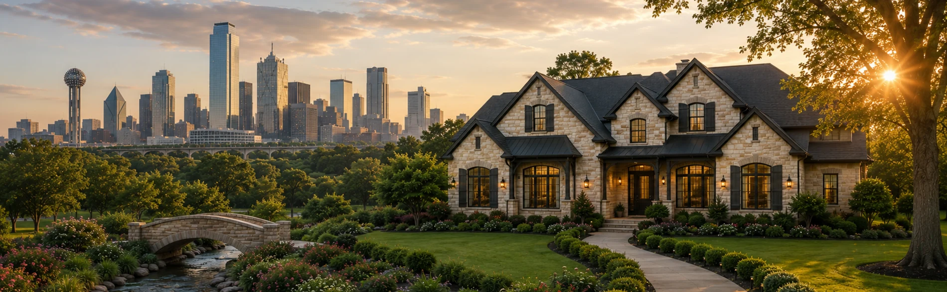A landscaped home with the Dallas skyline in the distance at sunset.